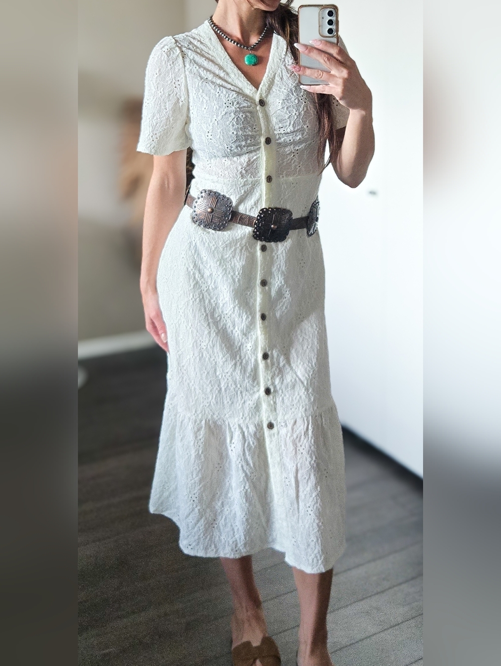 Shein White Eyelet Button Front Midi Dress Cottagecore Prairie Boho Size M